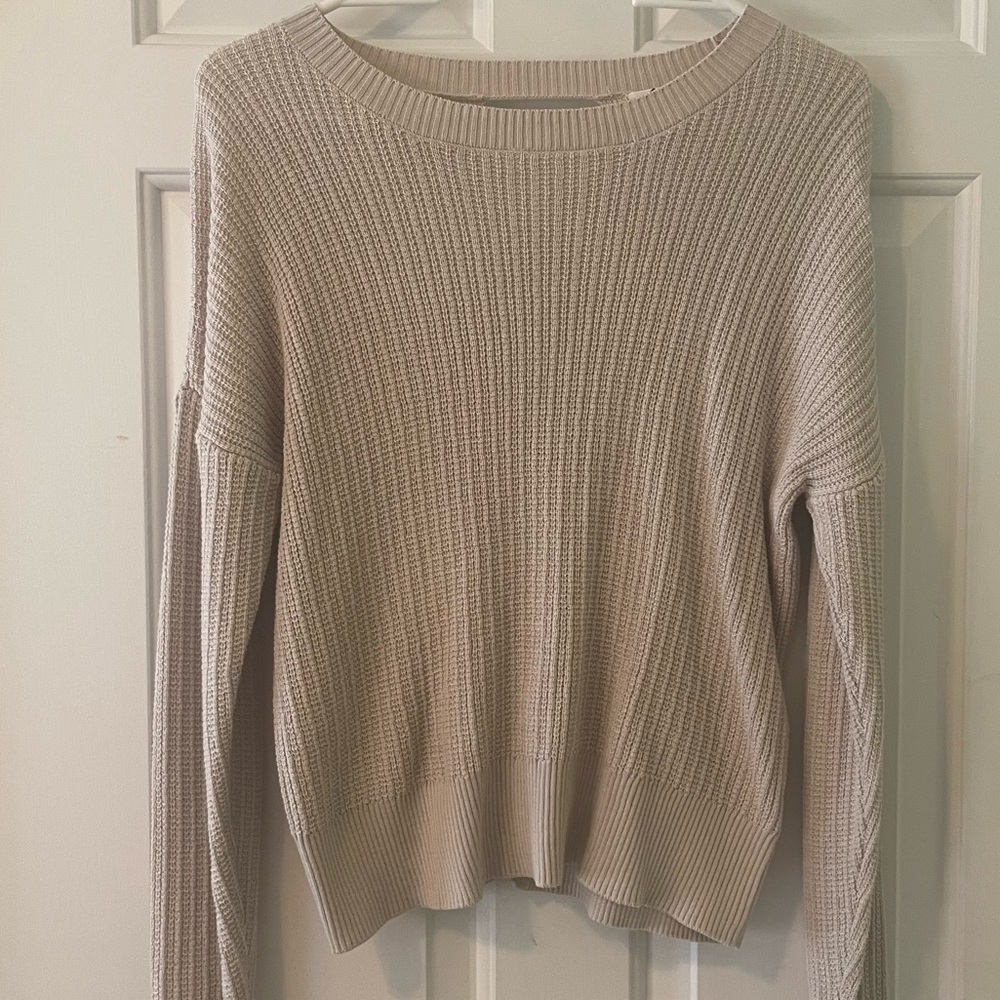 Pink Rose tan sweater, hi/lo, cute back cut outs, long-sleeve, Sz S, EUC